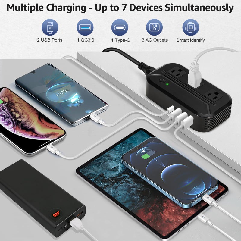 محول جهد 2300 واط محول طاقة دولي خافض 220 فولت/240 فولت إلى 110 فولت/120 فولت محول سفر مع 4 منافذ USB و 3 منافذ AC و 7 محولات قابس عالمية EU/US/AU/IT/UK/الهند/جنوب أفريقيا - Image 3